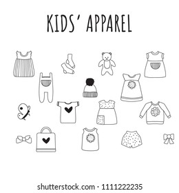 Kids Clothes Collection; Children Apparel; Cartoon Flat Style; Vector Illustration; Silhouette; Countour; Outline