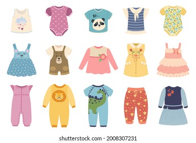 Kids clothes. Cute baby boys and girls cloth with funny patterns. Jacket, dress, skirt. Children summer fashion apparel vector set. Newborn and toddler costume wear isolated on white