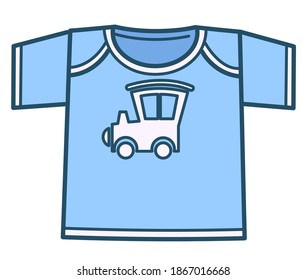 Kids clothes and fashion, isolated icon of blue boyish t shirt with print of automobile, car or locomotive. Clothing for teenagers or newborn babies. Outfits for toddlers, vector in flat style