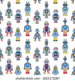 Kids clothes - fashion textile robot fashion print. Toy robots seamless fashion pattern.