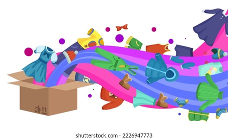 Kids clothes flowing out of cardboard box cartoon illustration. Children dresses, sweaters, shoes, accessories coming out of container isolated on white background. Childhood, fashion, charity concept
