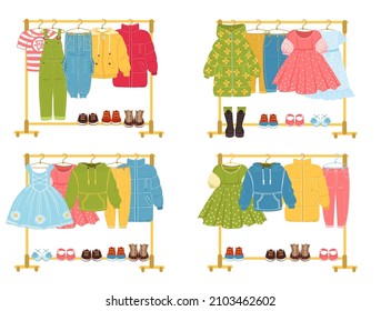 Kids clothes hanger racks. Childish apparel store. Girly and boyish things stands. Different seasons sales. Fashion boutique. Garments and footwear. Vector wardrobe set