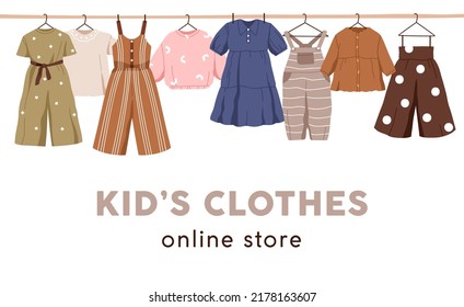 Kids clothes hanging, ad banner for online store. Childrens apparels on hangers border. Summer wearing, girls wardrobe promotion. Flat graphic vector illustration isolated on white background