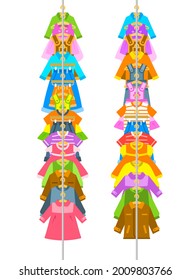 Kids clothes on long hanger rack. Vertical border for frame. Little boys and girls different garments hanging on store hanger. Flat cartoon vector illustration. Graphic element for sale banner