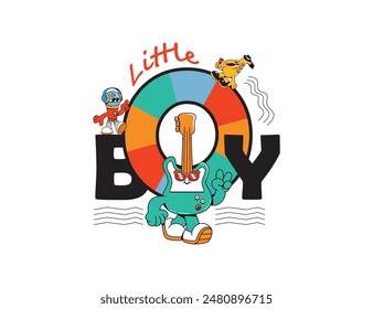 kids clothing print with cartoon illustration with swimming and music theme