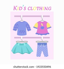 Kid's clothing store. Skirt, jumper and pants in cute colors.