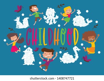 Kids cloud animals pattern vector children characters boy girl with cartoon animalistic cloudy fluffy shapes backdrop and blue clouded sky heaven wallpaper illustration cloudscape background.