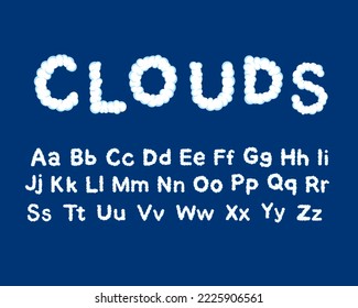 Kids cloud font, english alphabet letters. ABC of white clouds in blue sky. Lowercase and uppercase