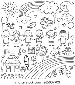 kids, clouds, sun, rainbow.., child like drawings elements set