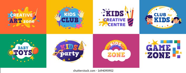 Kids club banner. Children play zone and kids toys signs, colorful fun badges for toy store, education room clubs and entertainment zone. Vector illustration logo child party set