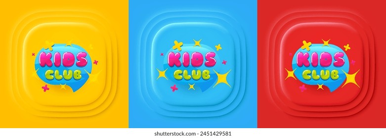 Anuncio de club infantil. Oferta neumórfica Anuncio, volante o póster. Pegatina divertida de la zona de juego. Icono de área de fiesta de juegos infantiles. Anuncio de eventos promocionales del club infantil. Botones cuadrados 3d. Cupón de trato especial. Vector