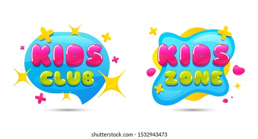 Kids club chat bubble sticker. Kids playing zone icon. Kid games entertainment club badges. Children play room banners. Geometric liquid shape label. Vector playroom banner