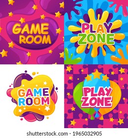 Kids club, game room and play zone cartoon vector design. Child education, fun and entertainment activities, toy party and playground invitation flyers with colorful paint splatters, balloons, stars