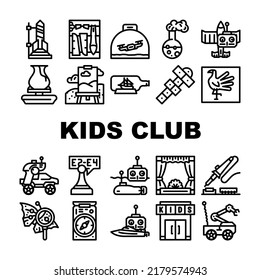 Kids Club Hobby Funny Occupation Icons Set Vector. Street Games And Sport Tourism, Theatrical And Chemistry Children Club, Air Simulation And Radio Controlled Car Sections Black Contour Illustrations