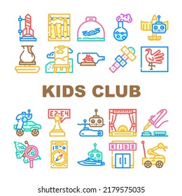 Kids Club Hobby Funny Occupation Icons Set Vector. Street Games And Sport Tourism, Theatrical And Chemistry Children Club, Air Simulation And Radio Controlled Car Sections Color Illustrations