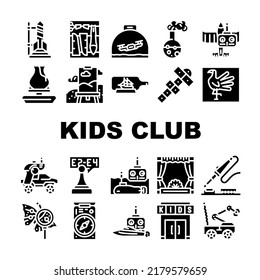 Kids Club Hobby Funny Occupation Icons Set Vector. Street Games Sport Tourism, Theatrical And Chemistry Children Club, Air Simulation Radio Controlled Car Sections Glyph Pictograms Black Illustration