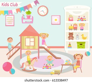 Kids club  illustration. Flat design. Playroom for kids.