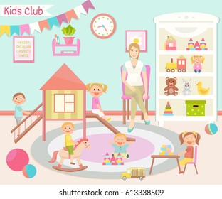 Kids club  illustration. Flat design. Playroom for kids.
