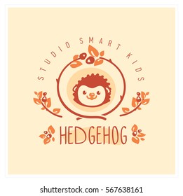 Kids club logo with animal. Baby, child company goods, toys shop, store, language school. Hedgehog icon, animal character. Kindergarten badge