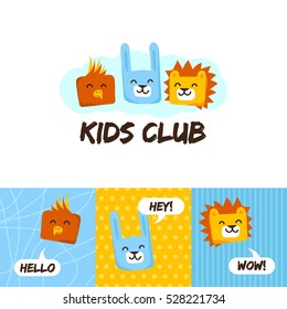 Kids club logo with animals. Cute kindergarten  and language school  sign.Parrot, rabbit and lion logo.