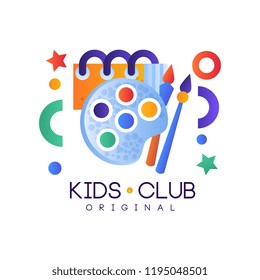 Kids club logo, colorful creative label template, playground, entertainment or science education curricular club badge vector Illustration on a white background