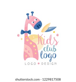 Kids club logo design, emblem with cute giraffe can be used for education center, baby shop, kids market, kindergarten and any other children projects vector Illustration