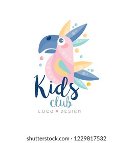 Kids club logo design, emblem with cute parrot can be used for education center, baby shop, kids market, kindergarten and any other children projects vector Illustration