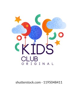 Kids club logo original, creative label template, playground, entertainment or educational club badge with colorful balloons vector Illustration isolated on a white background. Kids club logo original, creative label template, playground, entertainment or educational club badge with colorful balloons vector Illustration isolated on a white background.