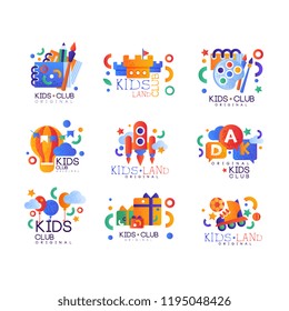 Kids club logo original set, creative labels templates, playground, entertainment, science education curricular club badges vector Illustration on a white background