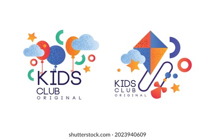 Kids Club Logo Original Set, Playground, Game Area Labels, Emblems Collection Flat Vector Illustration