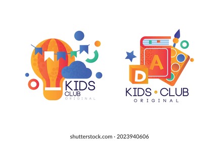 Kids Club Original Logo Design Set, Kindergarten, Playground, Game Area Labels, Emblems Flat Vector Illustration