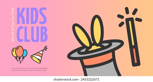Kids Club Party Concept Horizontal Placard Poster Banner Card. Vector illustration of Rabbit in a Magic Hat and Wand
