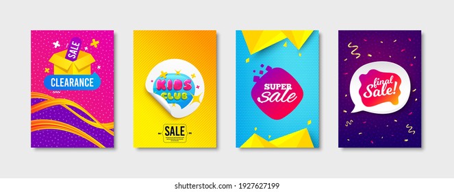 Kids club, Super sale and Clearance sale promo label set. Sticker template layout. Playing zone, Discount shape, Offer label. Promotional tag set. Speech bubble banner. Kids club flyer design. Vector