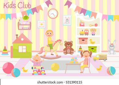 Kids club vector illustration. Kindergarten. Flat design. Children's activity in the play room. Playing, education.