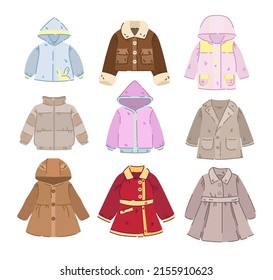 Kids coats and jackets cartoon illustration set. Winter or autumn outwear for boys and girls isolated on white background. Clothes, outdoor clothing, garment concept