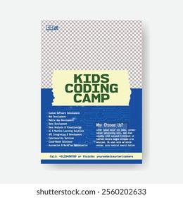 Kids Coding camp and computer programming editable print flyer or poster vector template, Kids Education Learn Coding and Robotic leaflet, brochure cover template design