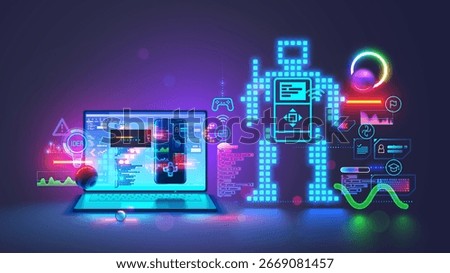 Kids coding. Kids science. Kids learning to coding, programming  Robot toy in online IT school. Engineering courses in internet for children. Kids studying robotics technology,  coding on laptop.