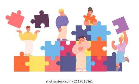 Kids collect puzzle shapes. Happy and thoughtful children with jigsaw pieces, childish teamwork or collaboration. Kindergarten educational play vector concept