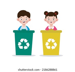 kids collect rubbish for recycling, Child Segregating Trash, recycling trash, Save the World, recycling isolated on white backgrounds vector Illustration