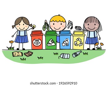 Kids collect rubbish for sorting wast. Save the World.