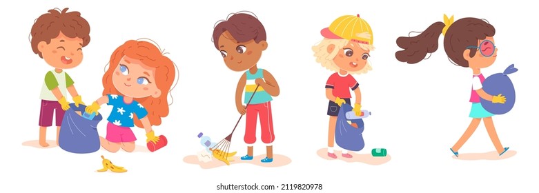 Kids collect trash in bag to clean park or street vector illustration. Cartoon cute volunteers working together, cleanup and environment protection from funny ecologists children isolated on white
