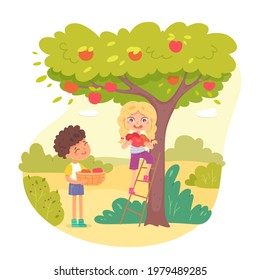 Kids collecting apples from tree in garden. Little happy boy standing with basket and girl with fruit in hands up on ladder vector illustration. Group doing chores in agriculture.