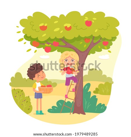 Kids collecting apples from tree in garden. Little happy boy standing with basket and girl with fruit in hands up on ladder vector illustration. Group doing chores in agriculture.