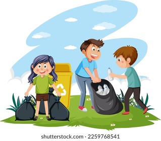 Kids collecting trash together illustration