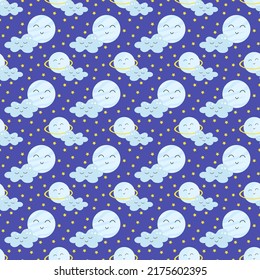 Kids collection with celestial kawaii planets, clouds and stars. Vector drawing on a blue background. Use for interior, birthday and shower, baby and gender party, clothing prints, greetings, bedding