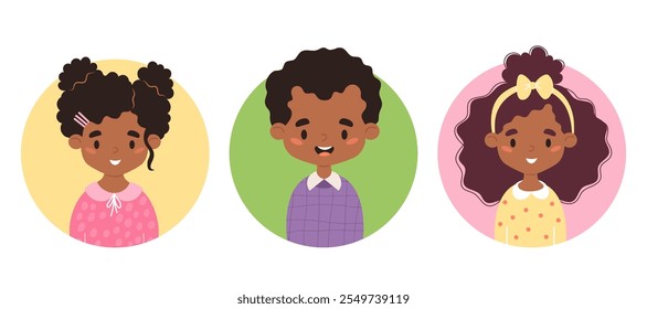 Kids collection. Cute happy African American curly girls and boys. Isolated ethnic children bright portraits. Vector illustration in flat style