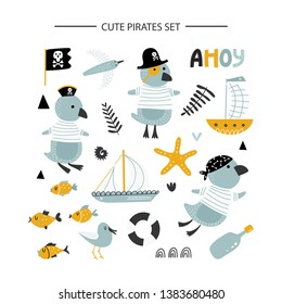 Kids collection with cute penguins - pirates, ships, fish and sailor attributes in cartoon style isolated on white background. Vector funny clip art for children.