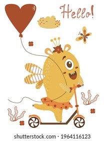 Kids collection. Cute yellow monster girl rides a scooter with a balloon. Vector illustration. For childrens postcards, design, decor and printing
