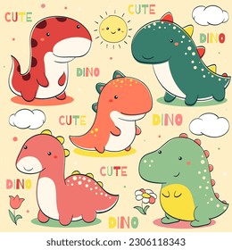 Kids collection of doodle elements - cute dino, cloud, sun, leaf, flower. Set of sketches in hand drawn style. Collection of smiling cartoon dinosaurios. Vector illustration EPS8