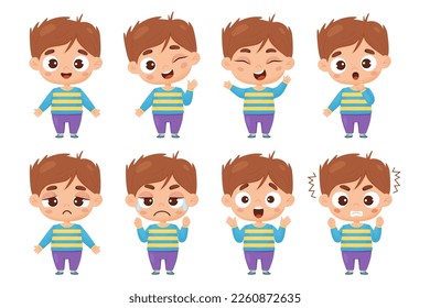 kids collection of emotions. Cute boy in full growth with different facial expressions and feelings - happiness, crying, anger, smile, delight, wonder. Vector illustration cartoon style for design.